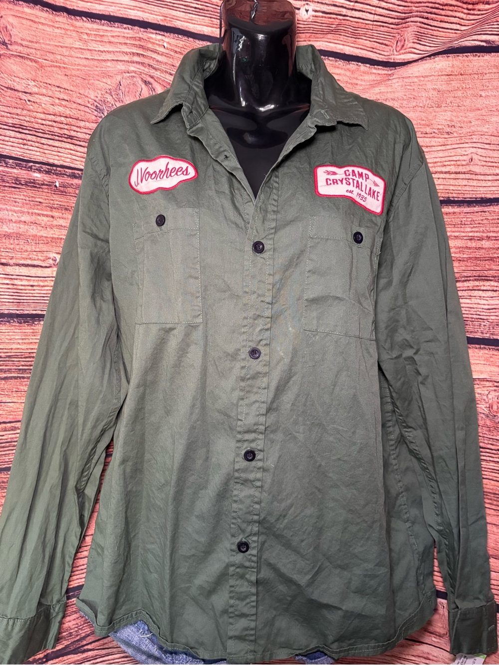 Camp Crystal Lake Olive Men's Casual Button-Down Shirt Jason Voorhees